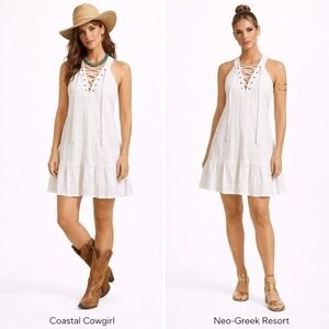 J.O.A. Los Angeles White Dress S Cotton Lace Up Halter‎ Ruffle Mini Boho Summer